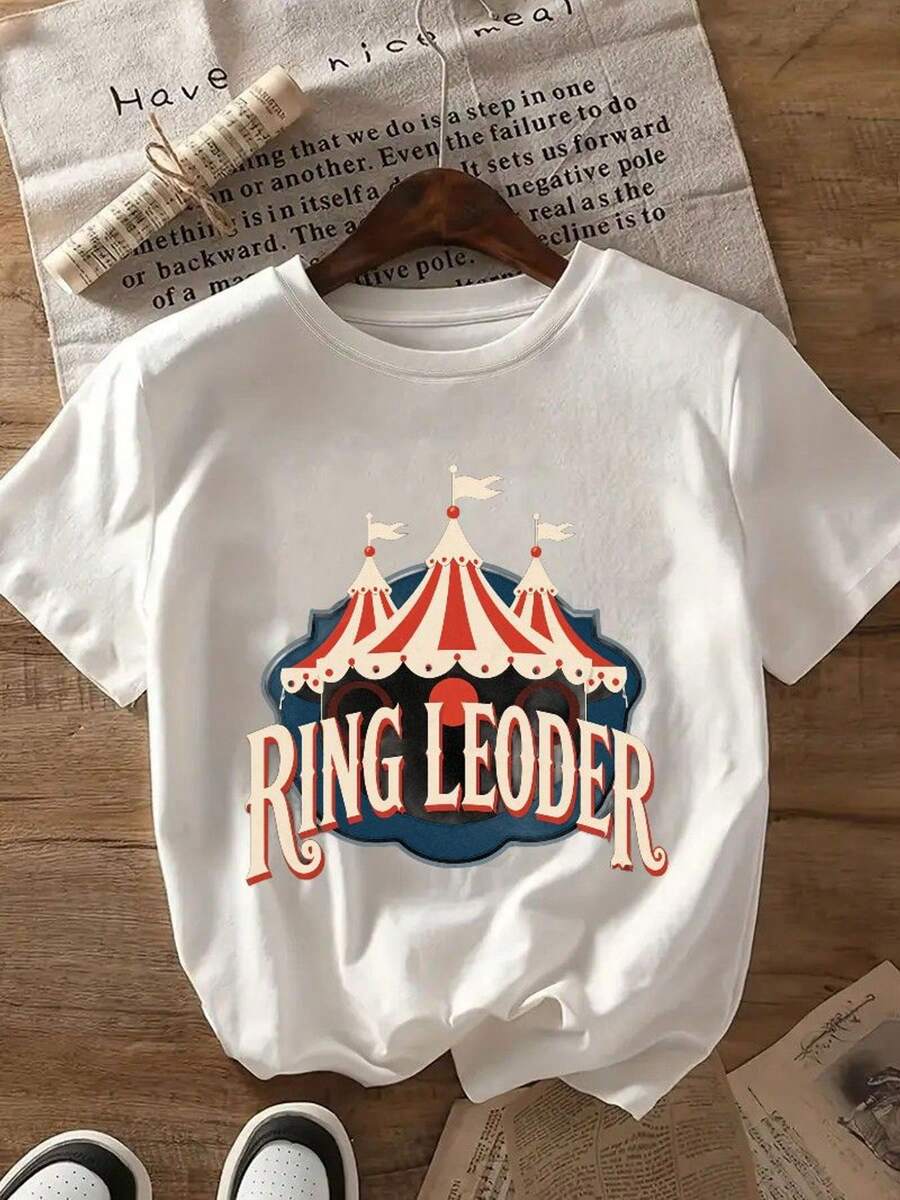 Circus Tent Print T-Shirt | Unisex Style, Comfortable 220g Fabric, Suitable For Casual Everyday Wear, Crew Neck T-Shirt With Text Print - The Perfect Gift For Circus Lovers. Circus T-Shirt, Ideal For Matching Family Outfits, Great For Parties And Family Vacations, Everyday Wear, Summer Outfits, Outdoor Playwear And Vacation Wear, Warm Weather Clothing, Perfect For Everyday Wear And Gifts. - 白色 - 查看 1