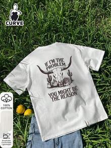 Blusa holgada de algodón 100% con estampado de cabeza de toro, letra del desierto y estilo vaquero occidental para mujeres de talla grande, camiseta gráfica, tela suave, ropa de algodón, ropa para exteriores, estampado impreso, camiseta de verano, blusa de verano, atuendo de vacaciones, estilo de viaje, vibra de playa, ropa de resort minimalista, estilo de vacaciones en la isla, estado de ánimo de verano, inspiración de moda de verano, ropa de resort, estilo costero, París, Los Ángeles, Londres, Bangkok Blanco - Blanco - Ver 4