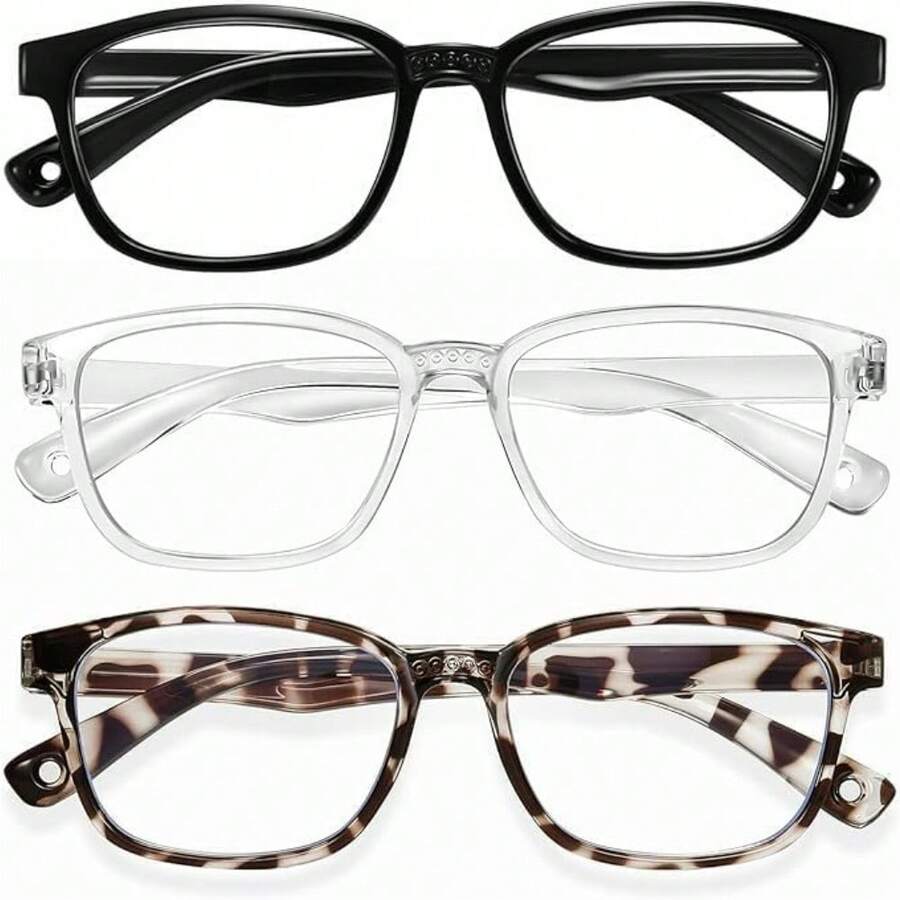 Blue Light Glasses For Kids 3 Pack Anti Glare & Eye Strain Glasses Computer TV Phone Tablets UV Protection Glasses For Kids Boys Girls Age 3-12 - Black + Transparent + Leopard - View 1