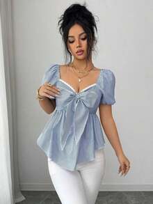Nueva llegada Blusa casual de uso diario para mujer con diseño minimalista, cuello cuadrado, lazo en la cintura y rayas azul francés y blancas - Azul y blanco - Ver 7