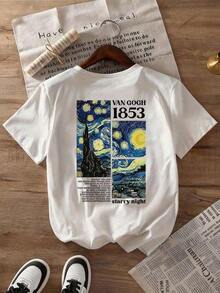 Women's Casual T-Shirt With A Print Paying Tribute To Van Gogh's "The Starry Night" Painting And The Numerical Graphic 1853, Comfortable Short-Sleeved And Round Neck For Spring/Summer, Fashionable Graphic T-Shirt For Holidays In White - 白色的 - 查看 4