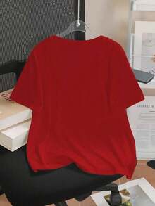 Camiseta ajustada de casual de manga corta y cuello redondo con bordado de letras para mujer de verano - Rojo - Ver 2