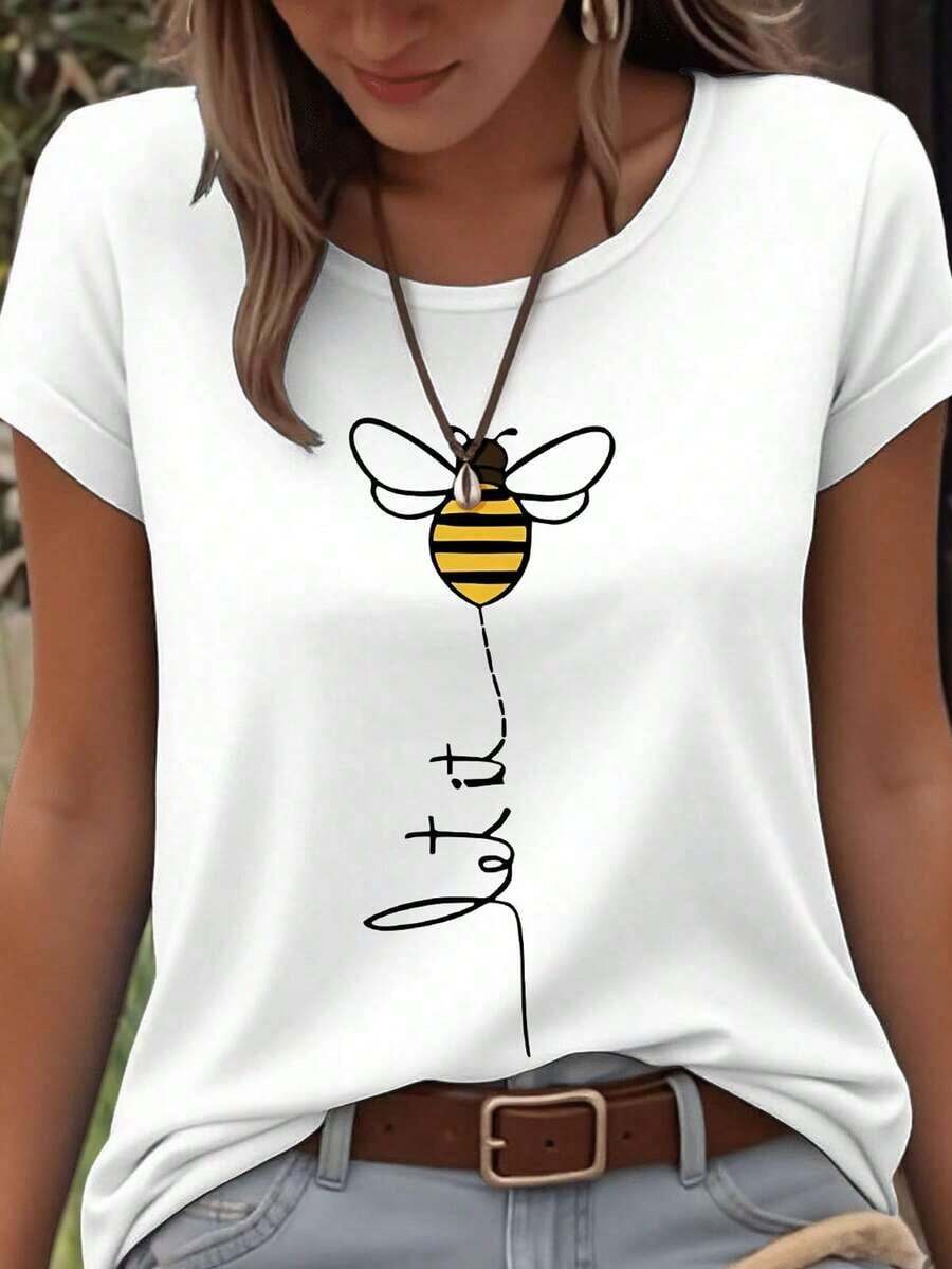 Camiseta de moda de manga corta con cuello redondo, estampado floral minimalista y casual, talla grande - Blanco - Ver 1