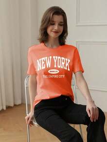 Women's Casual Loose Fit Letter Print T-Shirt, Versatile Everyday Casual Fashion. Printed T-Shirt, Vacation - 橘色 - 查看 1
