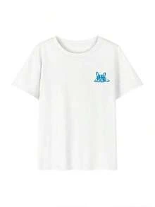 Women's Summer T-Shirt, American Vintage Style, Cream Color, With French Bulldog Print, Loose Fit, Versatile, Short Sleeve, Casual, White - 白色的 - 查看 6