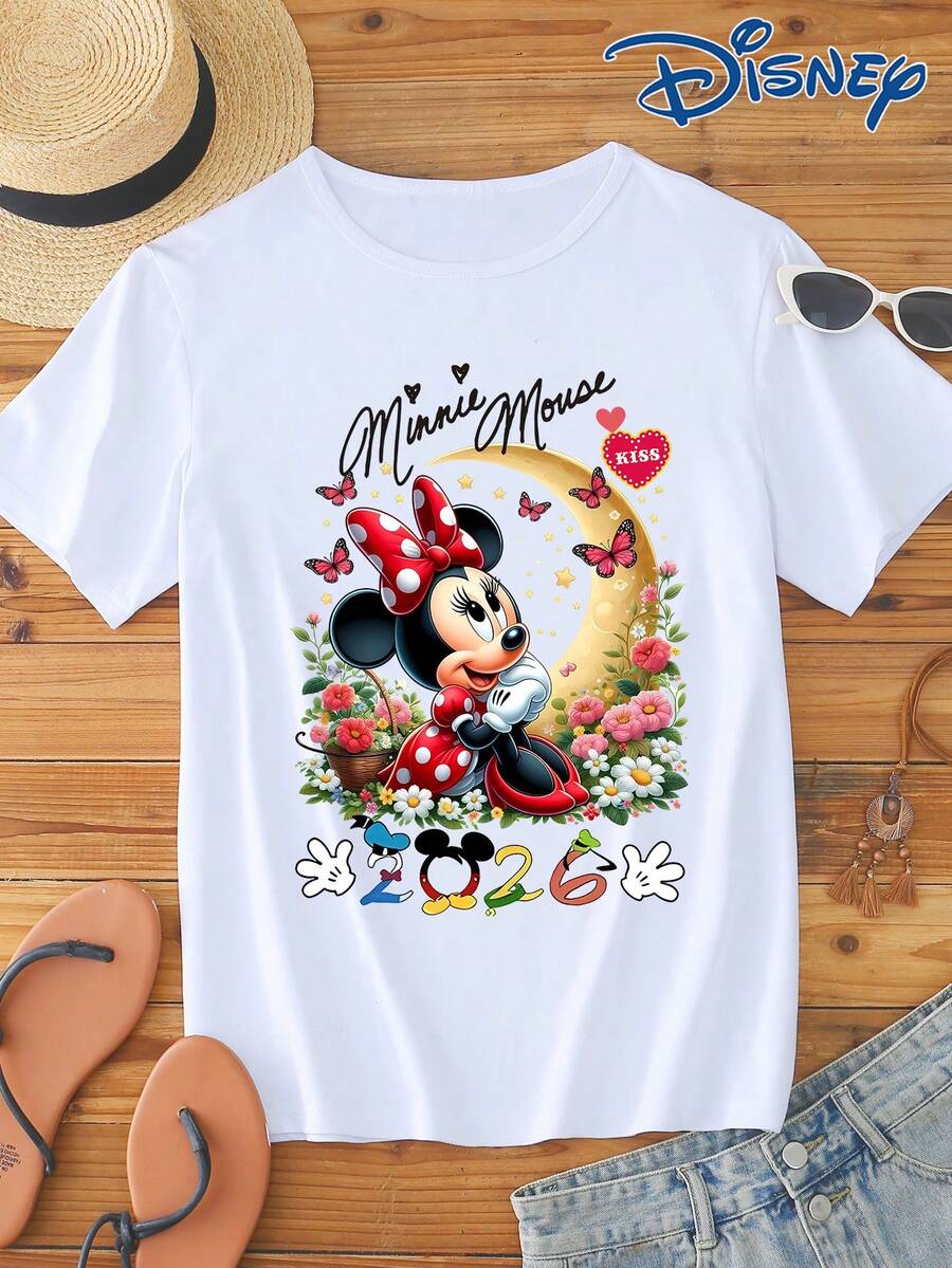 Disney 1 pieza Camiseta de manga corta para hombre de corte holgado con estampado de Minnie Mouse, cuello redondo, elástica, adecuada para uso diario, material de fácil cuidado, camiseta casual de moda para hombres, camiseta de manga corta - Blanco - Ver 1