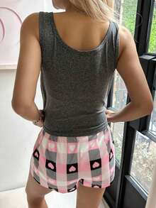 Conjunto de pijama informal de mujer con suéter de punto y pantalones cortos con estampado a cuadros y de corazones - Multicolor 2 - Ver 2