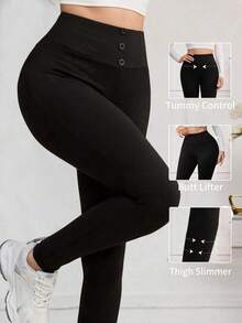 Leggings de cintura alta de unicolor cómodos y casuales para mujer - Negro - Ver 9