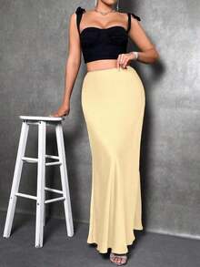 Falda de estilo de cola de sirena de unicolor para mujer, falda de satén, falda larga elegante, adecuada para fiestas y uso diario - Amarillo claro - Ver 4