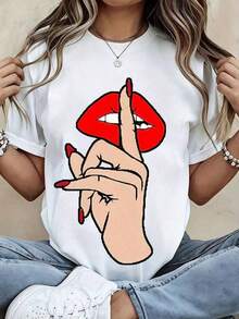 Lips And Finger Gestures Print T-Shirt, Women's Graphic Tee, Casual Summer Top, Fashion T-Shirt For Girls And Women, Gift For Thanksgiving, New Year, Christmas And Halloween - 風格 - 查看 8