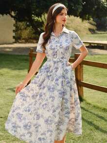 Vestido de mujer elegante y vintage con bolsillos y cinturón, vestido camisero con estampado floral, cierre con botones, vestido casual para ir y venir, vacaciones, vestidos de verano para mujer, atuendos de vacaciones de verano, atuendos de primavera para mujer, vestidos de primavera para mujer, ropa de primavera para mujer, atuendos de vacaciones de primavera, vestidos elegantes para fiestas, vestidos elegantes para fiestas para mujer, vestido de invitada de boda para mujer, vestido de fiesta de boda, vestido de graduación, vestidos elegantes para ceremonias, vestidos elegantes para mujer, vestido formal - Azul y blanco - Ver 6