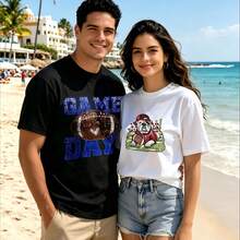 2-Piece Couple Matching Pattern T-Shirt, 100% Cotton, Loose Fit, Soft And Breathable, Casual Round Neck Short Sleeved Top Nogue Dgstyle Silhouette Figure Design Versatile Patterns No Picky Combinations Coordinated Dating Casual Travel Simple And Cartoonish Printing Styles High Cost-Effectiveness - 黑色 - 查看 1