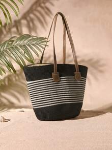 Tropiscape 1 Straw Hat + 1 Straw Bag Cottagecore,SummerOutfit - Black - View 2
