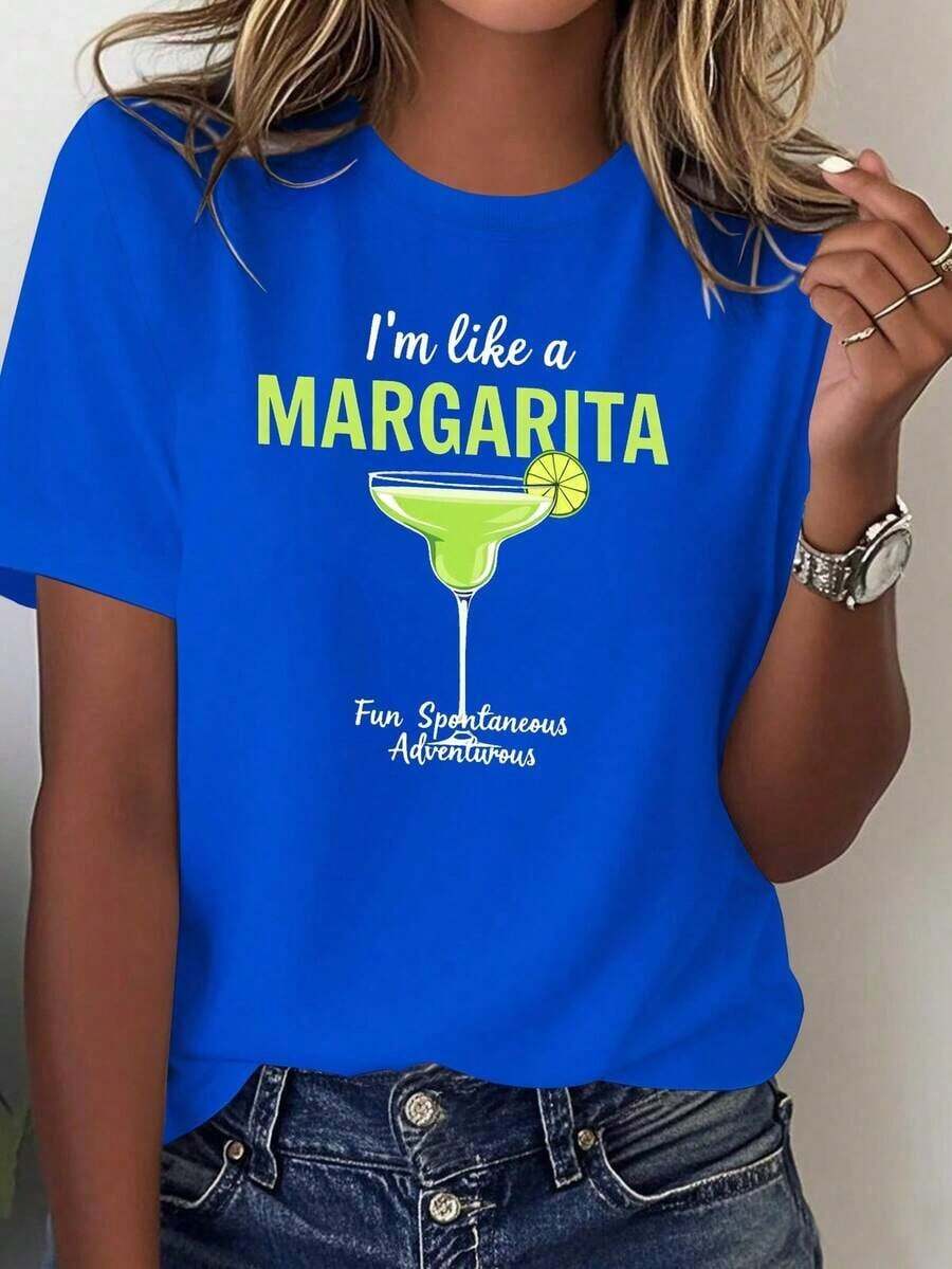 ComfortableCamiseta de cóctel de margarita pura para mujeres - Diseño de receta de bebida mexicana con estampado de tequila y lima, ajuste casual, atuendo de fiesta de cóctel, camiseta suave lavable a máquina para ropa de fiesta de margarita - Ideal para el veranoLoose Versatile Short Sleeve T-shirt for Women - Azul - Ver 1