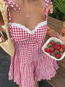 Vestido de mujer retro francés de cuadros rojos con tirantes finos, nuevo diseño de primavera temprana con encaje, versátil, dulce y elegante con capas - Burdeos - Ver 5