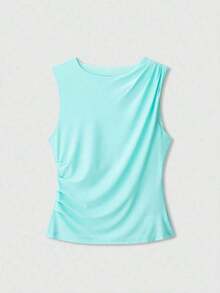 Blusa sin mangas de verano de estilo casual con drapeado en color amarillo mantequilla para mujer - Celeste - Ver 6