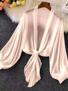 de punto con mangas farol y lazada delantera para mujer, prenda ligera de verano - Rosa Pálido - Ver 7