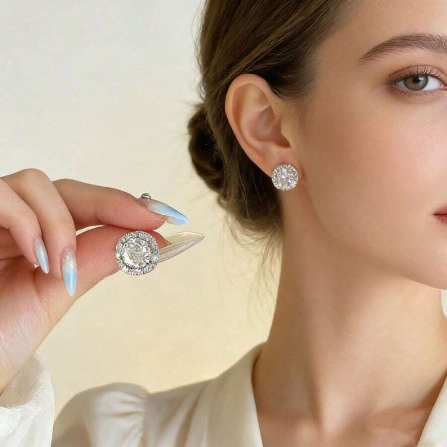 JOJELOO 1 Đôi bông tai đính đá CZ hình vuông, mạ bạc với viên đá trung tâm tròn sáng bóng, kiểu dáng nhỏ nhắn và đa năng dành cho nữ, rất phù hợp cho cô dâu và các bữa tiệc. - Bạc - Xem 1