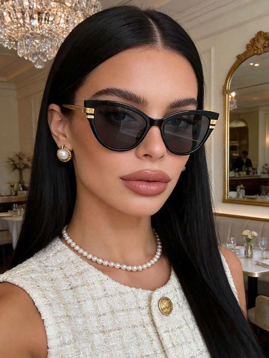 1pc Retro Cat Eye Fashion Glasses For Women, Narrow Frame Cat Eye Glasses, Outdoor Travel Beach Accessory, Summer Vacation Glasses, Women Driving Glasses - Black - View 1