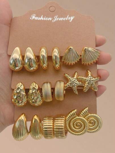 3/9 Pairs Ocean Theme Gold Plated Earring Set, Teardrop, Ribbed C-Shaped, Seashell, Starfish & Spiral Shell Stud Earrings, Suitable For Daily And Festival Wear, Alloy Material Non-Fading Gold
