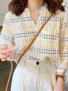 Summer Floral Print Semi-Open Shirt Commuting - Yellow - View 3