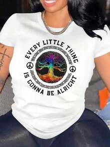 Women's Short-Sleeved T-Shirt With A Creative Colorful Tree Trunk Design And Y-Shaped Pattern, Casual And Sporty Style, Comfortable For Summer And Vacations. Standard Casual T-Shirt For Women, Breathable And Lightweight. - 白色 - 查看 7