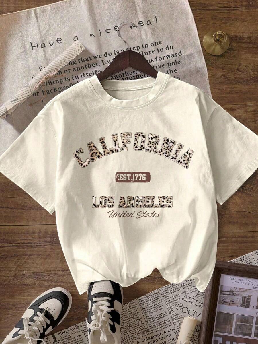 Camiseta de manga corta con cuello redondo, estampado de leopardo y gráfico de letras, de estilo casual, color blanco, para veranoblusas para mujer - Albaricoque - Ver 1