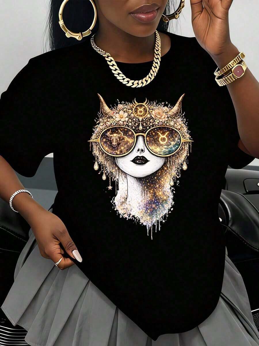 ropa de mujer Camiseta de mujer estilo boho artístico con estampado de diosa mística y gafas de sol cósmicas para uso casual en primavera y verano, regalo perfecto para amantes de la moda, top de manga corta para mujer, camiseta de cumpleaños, cómoda de llevar, hecha de algodón puro de baja elasticidad, versátil, cómoda de usar, camiseta casual, adecuada para primavera, verano, otoño e invierno, la mejor opción para un regalo de cumpleaños, camisas de mujer - Negro - Ver 1