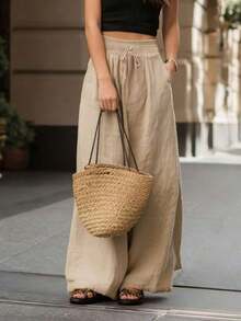 Holidaya Pantalones anchos de cintura alta y sueltos de unicolor para mujer, elegante atuendo de moda adecuado para primavera, verano, otoño e invierno, apropiado para vacaciones, ir al trabajo, uso diario, que muestra una elegancia graciosa, adecuado para fiestas, playa, citas románticas, casual y elegante para ir al trabajo, versátil para uso diario - Albaricoque - Ver 3