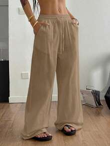 Pantalones blancos de algodón 100% lavados, con dobladillo curvo, para mujer, estilo básico minimalista, para ir a conciertos campestres de verano, salir, playa y vacaciones bohemias.Ropa de mujer para otoño. - Caqui 2 - Ver 11
