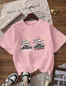 Short-Sleeve T-Shirt With Maritime Adventure Theme, Fashionable Short-Sleeve T-Shirt For Spring And Summer 2026, Made In Mexico, 180 Grams. Cartoon Print, Couple Design, Suitable For Indoor Or Outdoor Wear. Crew Neck, Unisex, Ideal For Office And Leisure. One-Piece Pack. - PK-P631577SLNDXZGY526 - 查看 4