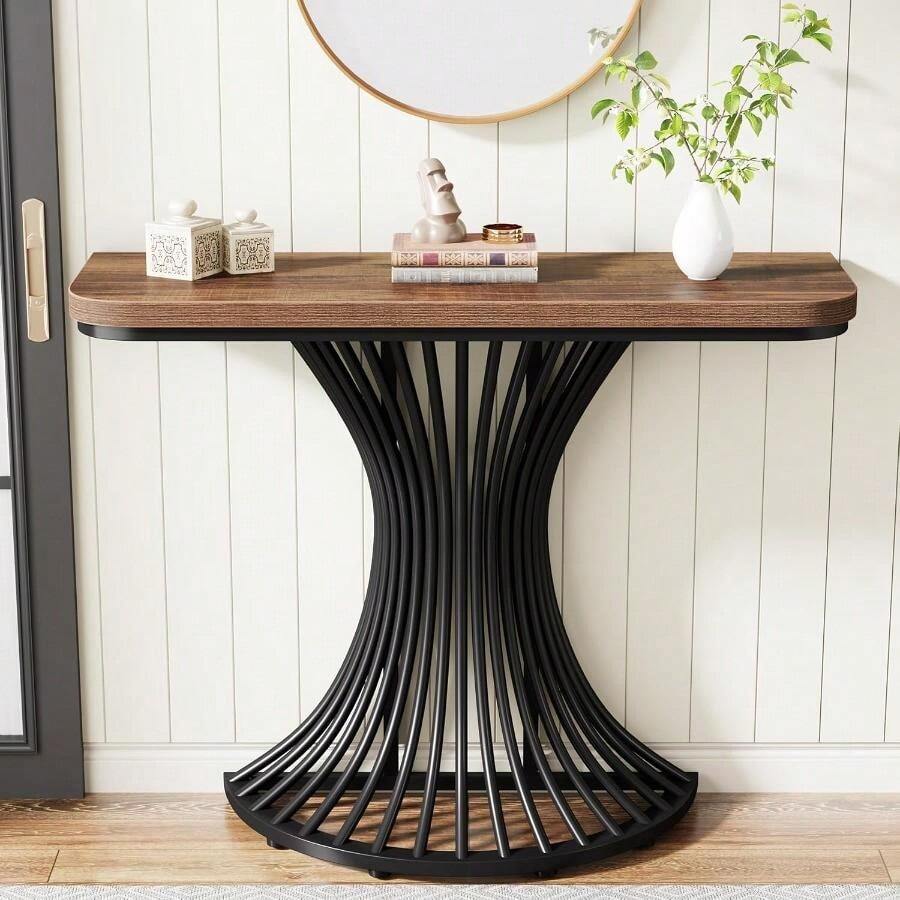 Console Table, Industrial Entryway Table With Geometric Metal Base, 39-Inch Small Sofa Accent Table For Entrance, Living Room, Hallway, Rustic Brown (Rustic Brown) - Rustic Brown - View 1