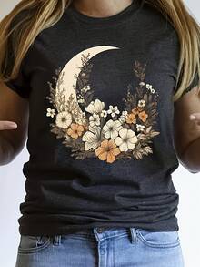 Women's Chic Flower And Moon Print Tee - Comfy, Casual Short Sleeve Crew Neck T-Shirt For Everyday Wear & Stylish Layering - 黑色 - 查看 1