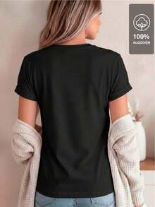 ComfortableLove & Coffee Animal Print - 100% Cotton T-Shirt, G (S-XXXL) Loose And Versatile Short-Sleeved T-Shirt For Women - 黑色 - 查看 4