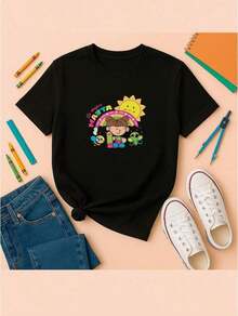 Playera casual de para mujer con estampado gráfico de dia del maestro , camiseta de punto de manga corta con cuello redondo para primavera y verano - Negro - Ver 1