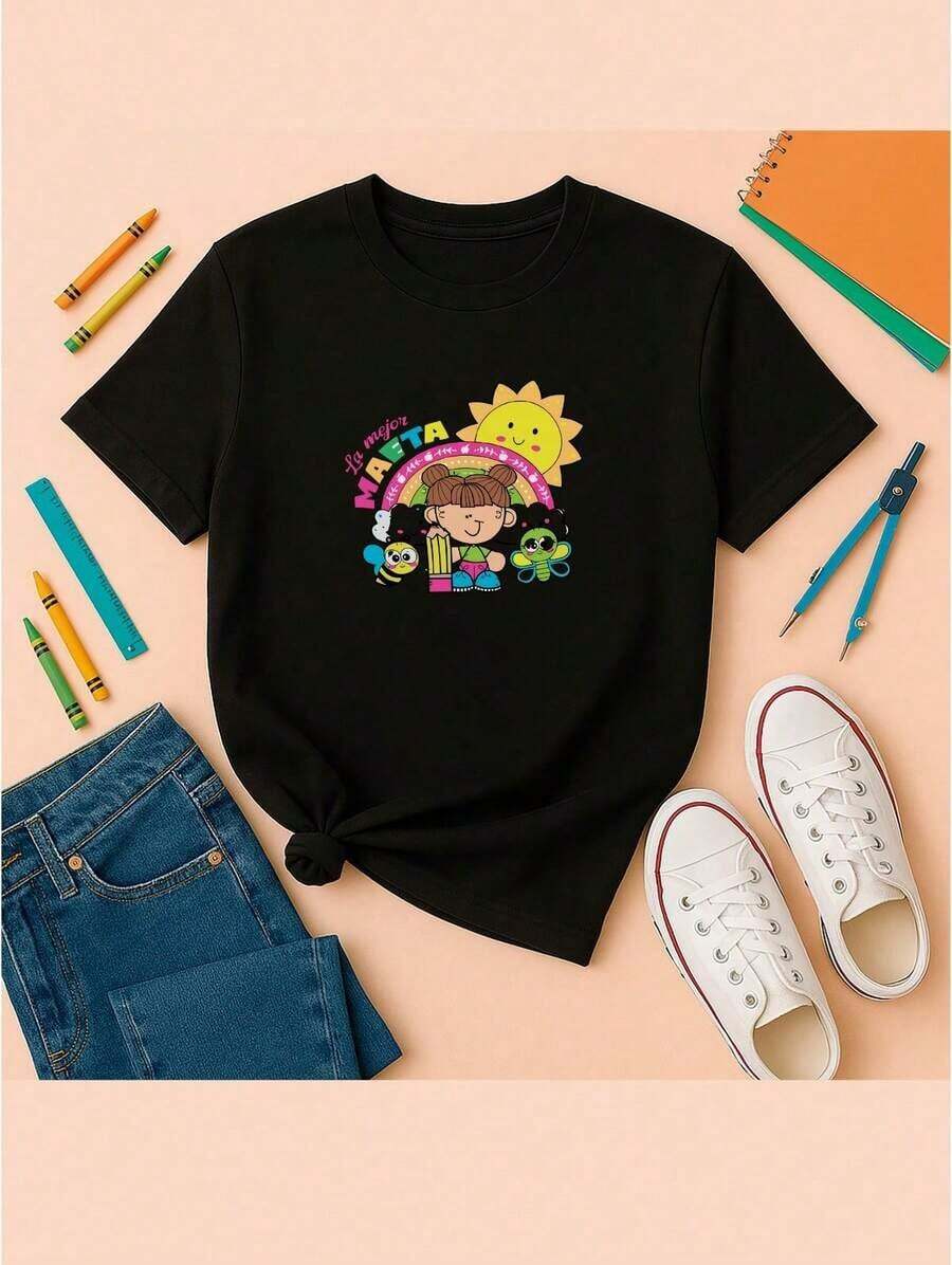 Playera casual de para mujer con estampado gráfico de dia del maestro , camiseta de punto de manga corta con cuello redondo para primavera y verano - Negro - Ver 1