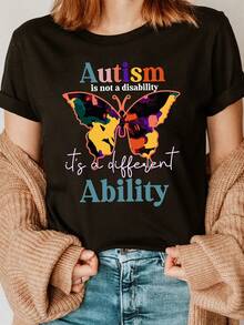 Women's Butterfly Print T-Shirt For Autism Awareness 2026 - Soft, Casual Short-Sleeved Crew Neck T-Shirt With Symbolic Logo, Semi-Sheer Design Suitable For Everyday Wear (Machine Washable). - 黑色 - 查看 7