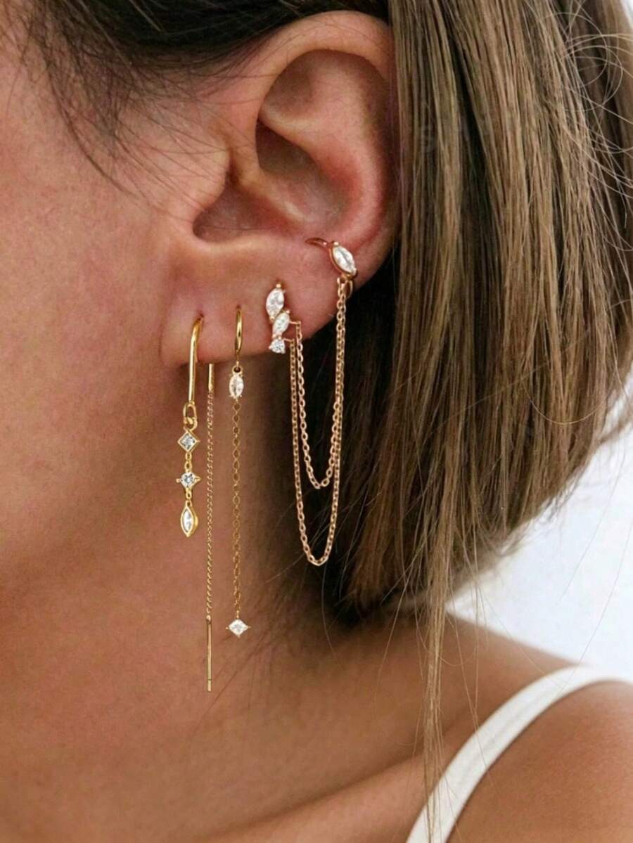 Set de 3 piezas de aretes de cadena larga con circonita para mujer, adecuado para uso en vacaciones y fiestas, accesorios de joyería de moda - 3 piezas/juego (para 1 oreja lateral) - Ver 1