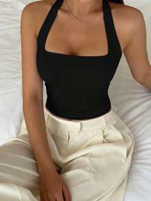 Camiseta sin espalda sexy, top de verano con cuello cuadrado elástico, ajuste casual y elegante, color amarillo para vacaciones - Negro - Ver 5