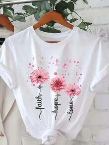 Women's Round Neck T-Shirt With Pink Floral Print And "Faith Hope Love" Lettering, Inspirational Casual Short Sleeve Style, Regular Fit, Soft, Fashionable For Summer - 白色 - 查看 1