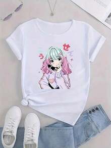 Camiseta de manga corta para mujer, 1 pieza, cuello redondo, informal, con estampado de anime, de poliéster tejido, cómoda para todas las estaciones {S-4XL}. Camiseta relajada de verano. - Blanco - Ver 2