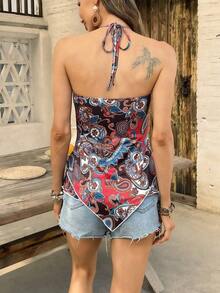 Top sin tirantes de corte sexy con estampado de anacardos para vacaciones de mujeres - Multicolor - Ver 2