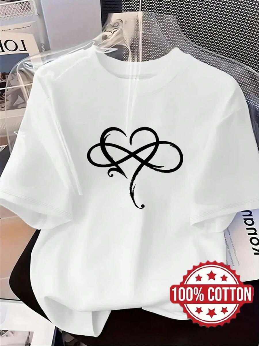 TH520 New Women's T-Shirt, Online Heart Design, Fashionable Casual T-Shirt, 100% Round Neck And Short Sleeve, Sweat Absorbent And Breathable, Casual Wear, Comfortable, Elegant And Chic For Home, T-Shirt For Spring, Summer And Autumn. - 白色 - 查看 1