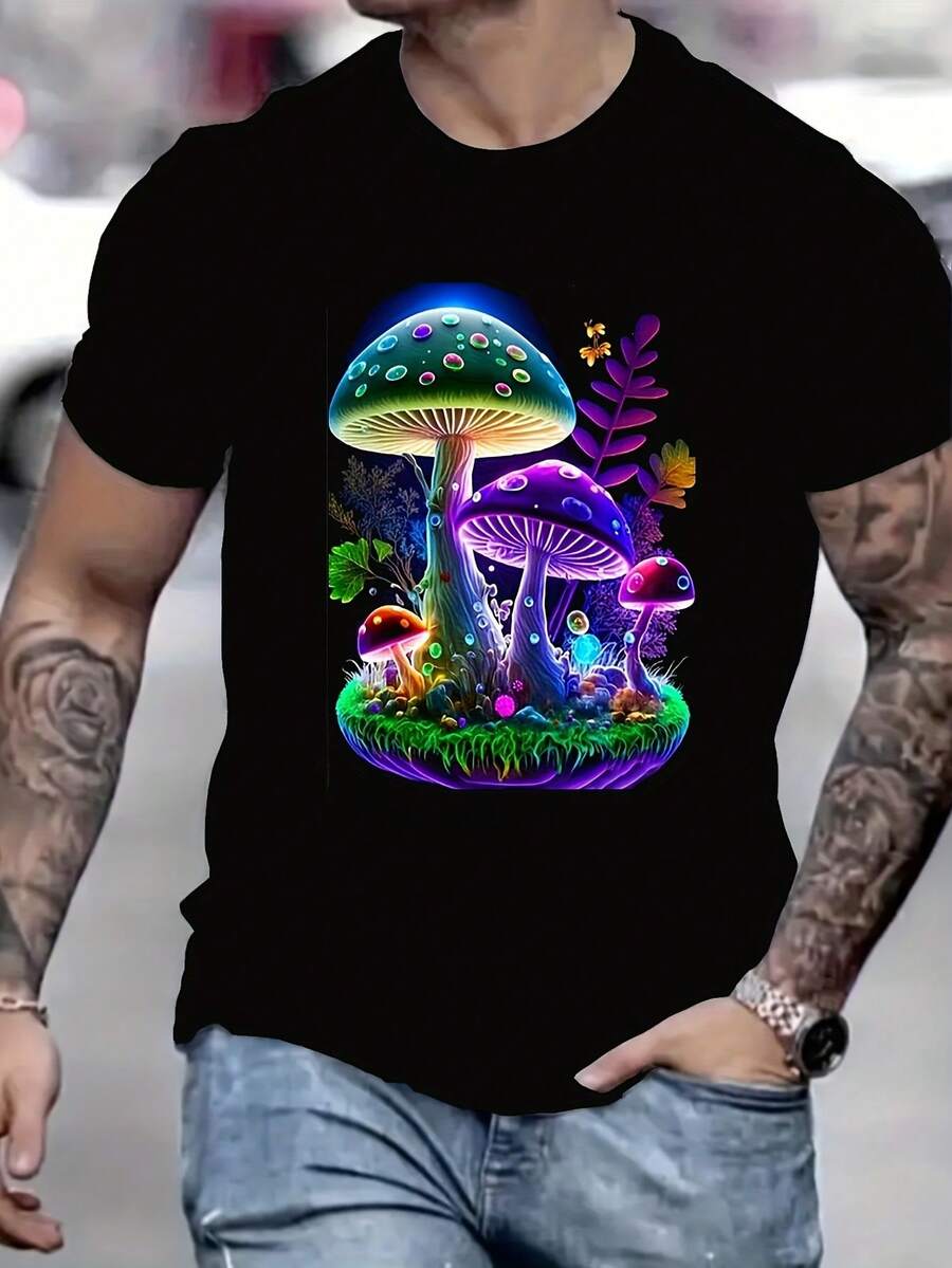 Men's Black Short Sleeve T-Shirt With Neon Mushroom Hedge Graphic - Summer Streetwear Style Tee, Regular Fit, Crew Neck, Vibrant Pop Culture Design, Machine Washable, Casual Wear With Vibrant Graphic - 黑色 - 查看 1
