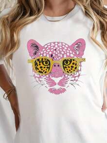 Casual Short Sleeve T-Shirt With Pink Leopard Print For Spring And Summer, Women's Clothing, Round Neck, 100% Cotton, Soft Fabric, Short Sleeve - 白色 - 查看 5