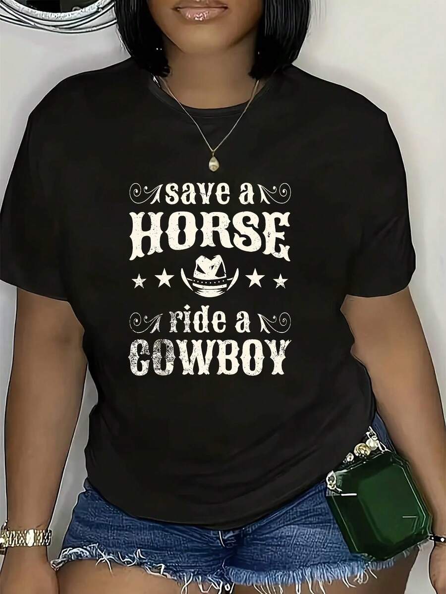 Women's 100% Cotton Short-Sleeved T-Shirt, Round Neck, Regular Fit, Geometric Print, Suitable For All Seasons, With "Rescue Horse Riding Cowboy" Print, Casual Wear, Fun Print, Stretchy Fabric - Everyday T-Shirts. - 黑色 - 查看 1