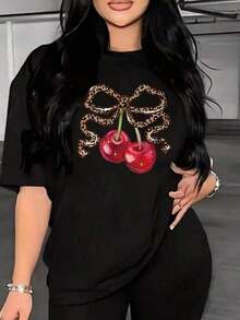 Soft Women's Black Short Sleeve Round Neck T-Shirt With Juicy Red Cherries, Leopard Print Bow And Sparkling Star Decoration, Sweet And Fashionable, Ideal For Everyday Wear, Elegant Lady Blouses - 黑色 - 查看 6