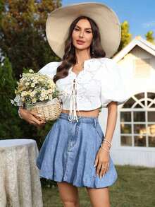 vaquera de línea A con estampado floral, cintura alta y bolsillos para mujer - Azul - Ver 3