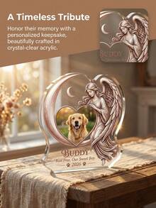 1 pieza Decoración conmemorativa de mascota personalizada de acrílico, placa conmemorativa de mascota personalizada con foto y texto personalizables, decoración conmemorativa de nombre y fecha de mascota personalizable. Adopta diseño plano 2D de ángel abrazando la luna, artesanía en relieve degradado dorado rosa y marco con forma de corazón. - Ángel 1 - Ver 7