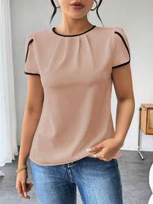 Camisa elegante de manga corta con cuello redondo y bloques de color con borde contrastante, ideal para el verano - Caqui - Ver 4